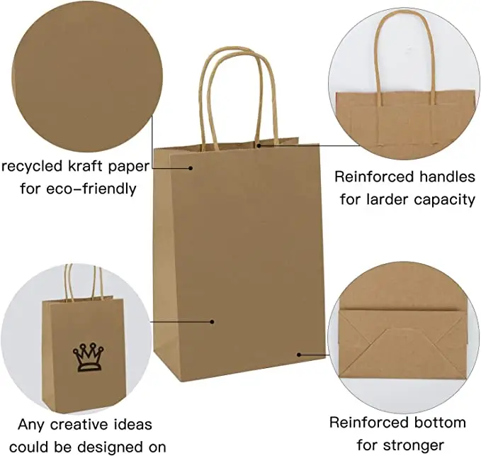 Sacchetto di carta Kraft marrone personalizzato con manico, borsa per la consegna degli alimenti con manico piatto ecologico, borsa da asporto da asporto per ristorante per alimenti