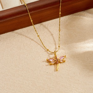 Dragonfly Pendant Necklace Gold Plated Pink Zircon Insect Design Clavicle Chain For Women Daily Wear Gift Jewelry - Product Image 3