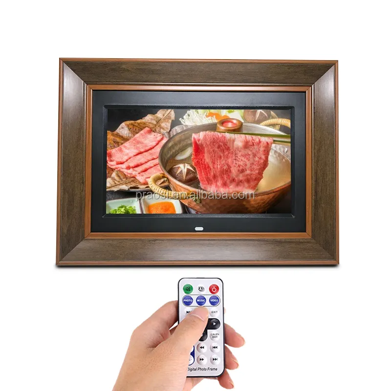 Moldura de madeira com led digital pros, cartão sd usb de 12 polegadas com painel de fundo de música, calendário de vídeo de 1080p