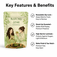 Sachet refermable personnalisé en aluminium mat, résistant à l'humidité, facile à déchirer, avec fermeture éclair, pour l'emballage de poudre de matcha en plastique