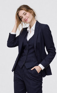 <b>Women</b>’s Premium Navy <b>Pinstripe</b> Three Piece Suit Set – Tailored Blazer with Matching Vest Waistcoat and Straight Fit <b>Trousers</b> - Product Image 2