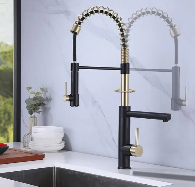 Factory Price High Rinse Black Brushed Gold Spring Kitchen Faucets With Pull Down Sprayer Head
