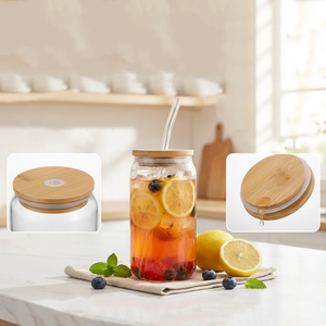 Vendita calda 12 oz 16 oz vetro borosilicato può tazza, bicchiere da pinta con paglia di bambù e coperchio paglia tazza di vetro - Product Image 6