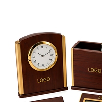 Set Meja Kantor Kayu dengan Jam, Tempat Pena, Kalkulator, Warna Coklat Emas