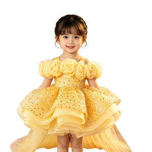 Abito da Principessa per Bambine con Applicazioni 3D di Rose Gialle, Vestito Estivo con Paillettes e Tulle per Feste - Product Image 1