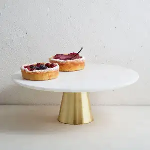 Marble Cake Stand Hotel Decorations with Stainless Steel in a Brass Plated Base Wedding Big Size Black White Round All-season