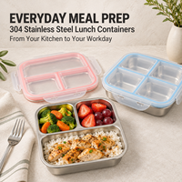 Boîte à lunch bento personnalisée en acier inoxydable 304, 3 ou 4 compartiments, avec couvercle transparent à fermeture sécurisée pour marques