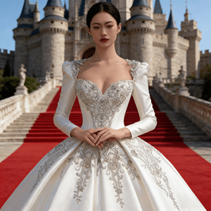 Vestido de Novia de Encaje con Falda de Tul, 100% Poliéster, Tela de Alta Calidad con Cola Larga, Diseño Francés, Súper Encantador y de Fantasía - Product Image 6