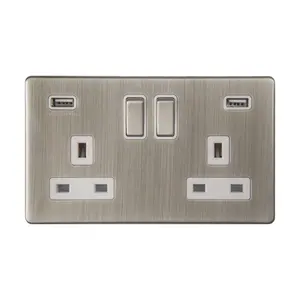 Hailar wall socket brushed chrome 13A 2 gang switched socket with USB port outlet