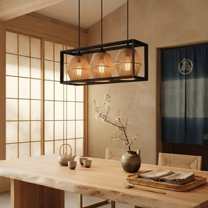 Lustre suspendu Haven à 3 lumières, abat-jour en rotin tressé à la main, style rustique pour salle à manger, îlot de cuisine - Product Image 3