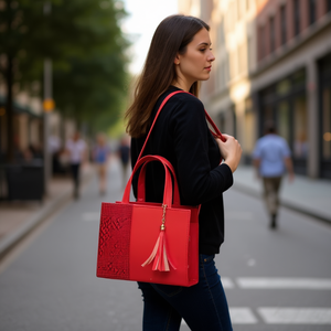Sac bandoulière rouge pour femme Fana, motif géométrique, nylon imperméable, fermeture éclair, pompon, usage quotidien - Product Image 2