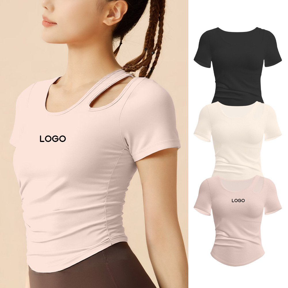 Wholesale Custom Women's High Elastic Short Sleeve Yoga Gym Tops Breathable Quick Dry Sports T Shirt with Built-in Padded Bra