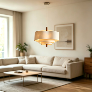 Lámpara Colgante Redonda de Tela Francesa Retro, Lámpara de Techo con Acabado de Madera para Sala de Estar y Comedor - Product Image 6