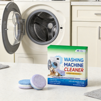 Tablettes nettoyantes pour lave-linge tricolores bleu, blanc, violet, triple action, détartrant pour cuve et tambour de lave-linge