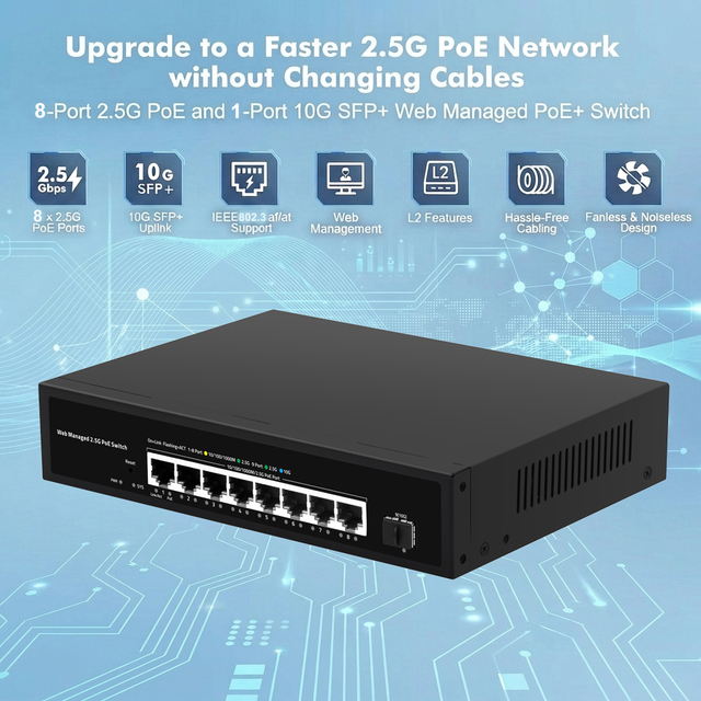 Shenzhen OEM DC48V Output Multi-Gigabit Web Smart Managed 2.5GB PoE Switch 8 Port with 1*10G SFP+