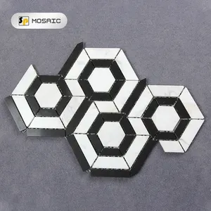 SP Branco Cararra Jato de água de Pedra de Arte Italiano E Nero Preto Hexagon Padrão Telhas de Mosaico Para Piso de Mármore Carrara