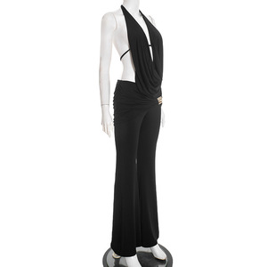 Ensemble décontracté 2 pièces pour <span class=keywords><strong>femme</strong></span> : Haut dos nu à col licou et pantalon évasé - Product Image 3