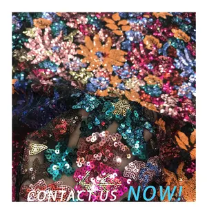 Colorful Sequins Floral Leaf Motif Mesh Fabric For Dance Dresses Evening Gowns And Lace Tops