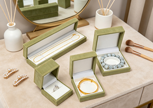 Boîtes à bijoux pliables haut de gamme, écologiques, faites à la main, multi-tailles, base en carton rigide, doublure en velours vert clair, coussinets en satin - Product Image 4