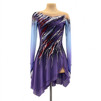 Robe de danse patinage violette à manches longues en maille nude, rayée et ornée de strass, pour enfants et adultes, pour compétition et performance