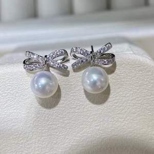 S925 Sterling <b>Silver</b> Bowknot Pearl <b>Drop</b> <b>Earrings</b>, 8-9mm Aurora Freshwater Pearl, Near Round, Almost Flawless factory wholesale - Product Image 1