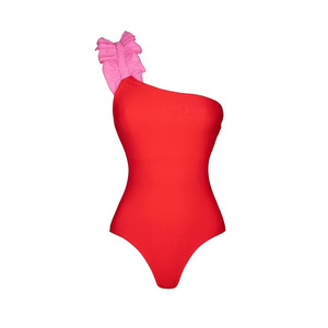 Traje de Baño de Una Pieza para Mujer, con un Hombro Descubierto, Color Rosa con Volantes y Bloques de Color Rojo, Monokini de Verano para Playa, Venta al por Mayor, OEM, ODM - Product Image 5