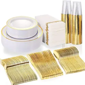 350 buah set alat makan plastik sekali pakai tugas berat mewah pelek emas 50 peralatan perak + 50 serbet + 100 piring + 50 cangkir emas