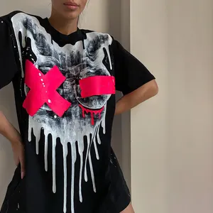 Blusas de manga curta femininas, blusas para mulher, manga curta, casual, estampada, gola em o, solta, para festa de despedida de solteira, y2k, 2022