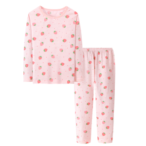 Pijamas de algodón 100% para niños, conjunto de 2 piezas con estampado de fresas, ropa de dormir para niñas, pijamas de manga larga para niños. - Product Image 2