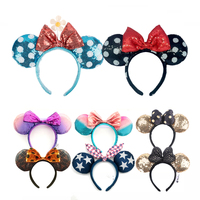 Bandeau oreilles de souris en cuir Minnie, avec nœud à sequins, accessoire de cheveux pour fêtes, pour parcs d'attractions de Shanghai