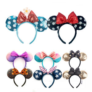 عصابة رأس على شكل آذان ميكي ماوس من مدن الملاهي في شنغهاي، عصابة رأس جلدية مع فيونكة ترتر للحفلات وإكسسوارات الشعر - Product Image 3