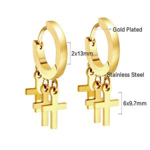 Boucles d'oreilles créoles classiques et élégantes en acier inoxydable plaqué or 18 carats avec pendentif géométrique en forme de croix et franges, pour femme - Product Image 2