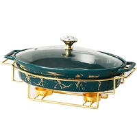 Plat de service ovale en céramique doré de luxe pour buffet, avec couvercle en verre