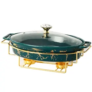 Luxury Golden Restaurant Cooker Oval Ceramic Hot Pot Buffet Plate with Glass Lid
