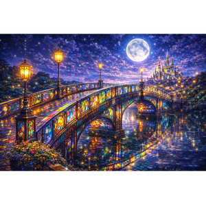 طقم رسم بالألماس ثلاثي الأبعاد (5D) يدوي الصنع، فن الزجاج، جسر في الليل، تصميم مخصص، رسم بالألماس الدائري الكامل من الراتنج على قماش، رسم خيالي بأحجار AB - Product Image 1