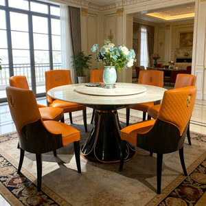 Ensemble de table <span class=keywords><strong>à</strong></span> <span class=keywords><strong>manger</strong></span> de style européen de luxe avec plateau en fibre de verre, pieds sculptés en or et chaises en cuir orange - Product Image 5