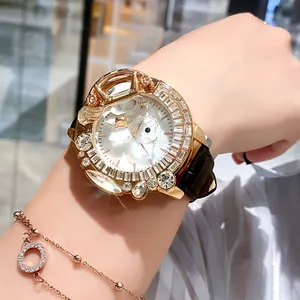 Luxury Shiny Cristal Wrist Quartz Girls Ladies Genuine Leather Watch Steel Case