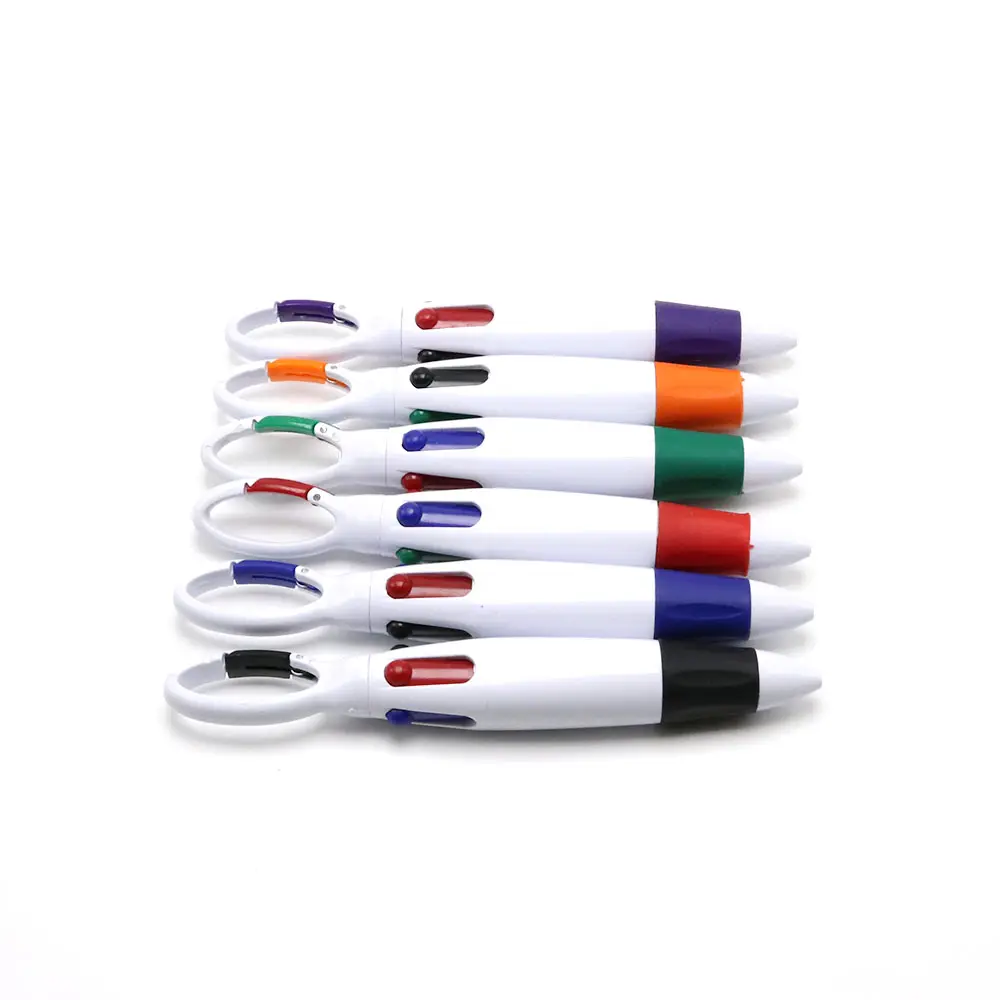 Offres Spéciales multi couleur stylo lanière crochet stylo à bille porte-clés Clip haut en plastique personnalisé imprimé Souvenir mousqueton 4 couleurs recharge stylos