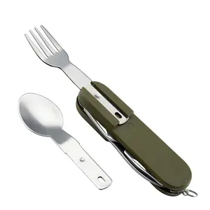 军绿色折叠口袋餐具不锈钢野营餐具刀叉勺子开瓶器