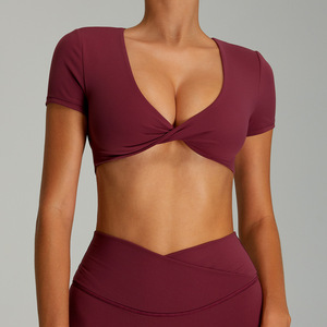 Women Twist Front Deep V <b>Crop</b> Yoga T Shirt Hollow Back Short Sleeve Built In Padded Bra Workout Tee Slim Fit Pilates Fitness <b>Top</b> - Product Image 2