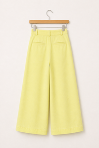 Pantalon large jaune citron pour femme avec détails en dentelle florale, taille haute, élégant et décontracté, idéal pour le bureau et les soirées - Product Image 3