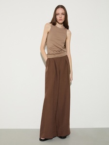 Pantalon large en lin pour femme, taille haute, avec ceinture incurvée en V, plissé devant, fermeture éclair latérale, décontracté, avec poches latérales - Product Image 1