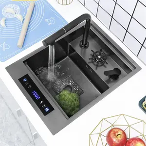 Pull-out Faucet Hidden Flying Rainfall Waterfall Sus 304 Stainless Steel Farmhouse Flying Rainfall Kitchen Sink With Cup Washer