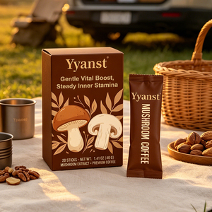 กาแฟเห็ดเพิ่มพลังสูตรอ่อนโยน OEM สำหรับขายส่งและรับผลิตแบรนด์ส่วนตัว 2 กรัม*20 ซอง กล่องลายเห็ดสองชนิดสีน้ำตาล - Product Image 4
