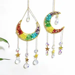 Natural 7 Chakra Healing Gravel Rainbow Wind Chime Handmade Pendant Dream Catcher Prism Ball Ornament Moon Crystal Sun Catcher