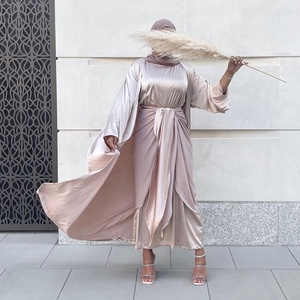 Kaftan Abaya Kimono Satin turchia Islam arabo 3 pezzi set musulmani Robe Longue Femme Dubai Abayas per donna abito Hijab marocchino - Product Image 3