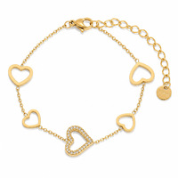 Bracelet OZE en acier inoxydable, motif cœur ajouré, entièrement orné de diamants, élégant et tendance pour femme de bureau, plaqué or 18 carats