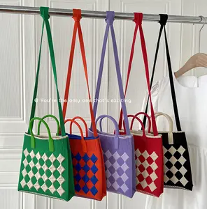 Tas Tote desain unik, tas selempang kasual berlian warna kontras dengan pegangan PU untuk kuliah
