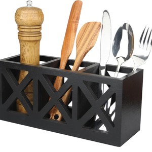 Boîte de rangement pour couverts en bois, rectangulaire, noire, organisateur de cuisine, porte-vaisselle - Product Image 5