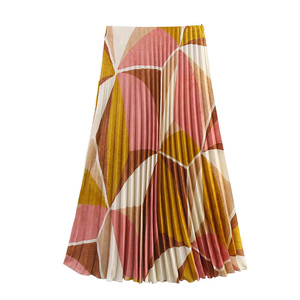 ZATRHMBM <span class=keywords><strong>abbigliamento</strong></span> donna estate 2025 nuova moda gonna plissettata con motivo geometrico stampata retro vita alta femminile gonna midi - Product Image 2
